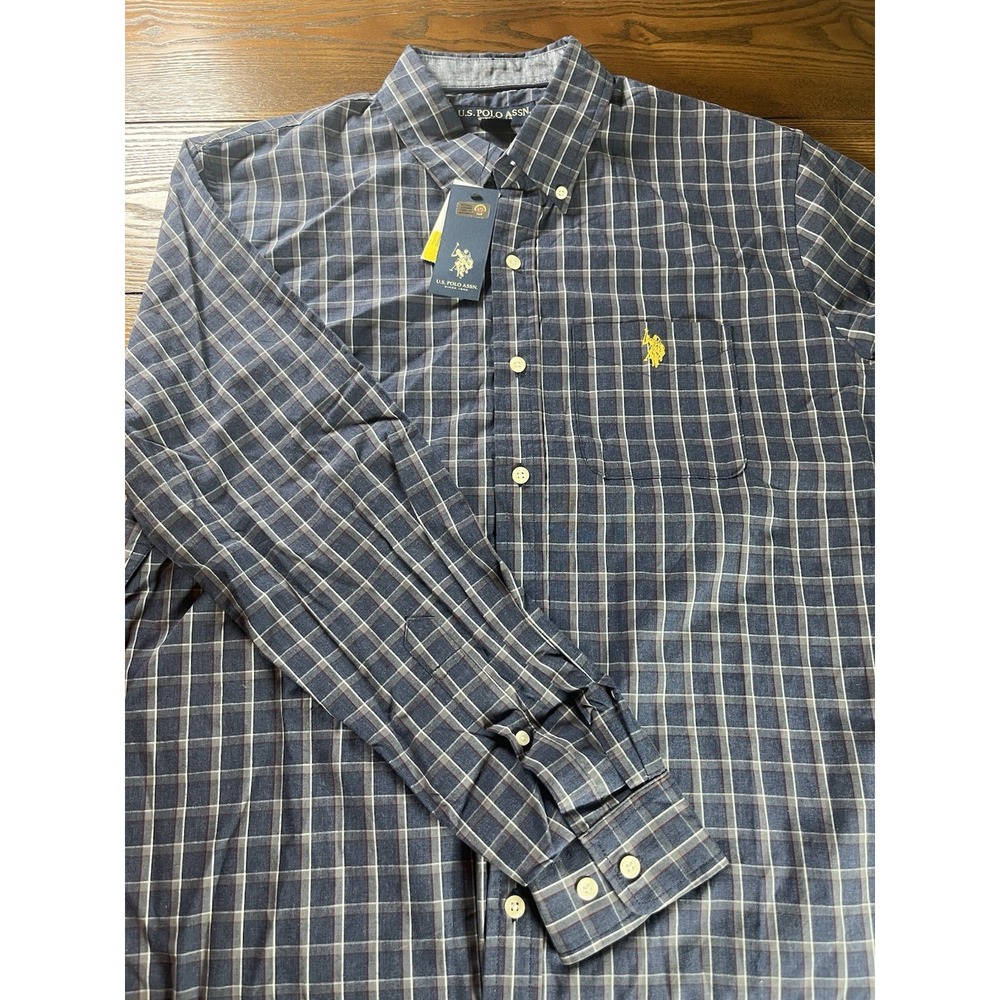 NEW US Polo Assn Men's Long Sleeve Shirt Blue Plaid Stretch Button-Down Sz Large